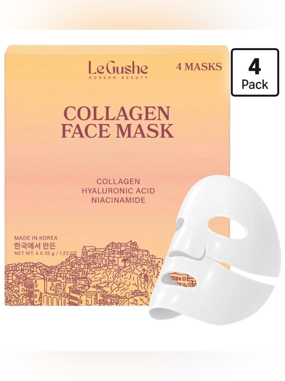 LeGushe Collagen Face Mask Sheet 4 Pack Hydrating Unscented 1.23 oz